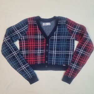 Hollister Plaid Preppy ButtonUp Cropped Sweater Cardigan Red Blue Knit Womens SM